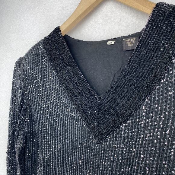 SEQUINED Blouse M Silk Crepe Fully Beaded Heavy Embellished V-Neck Vintage Black - Picture 5 of 11